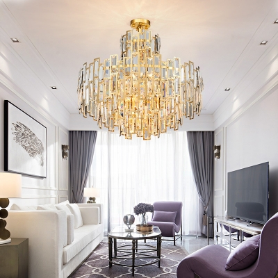 Tiered Pendant Chandelier Contemporary Crystal 12/16 Bulbs Gold Ceiling Suspension Lamp, 23.5