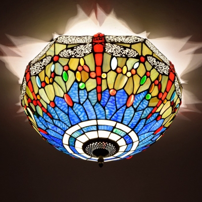 Tiffany Dragonfly Ceiling Light Fixture 3 Bulbs Stained Glass Flush Mount Lighting in Blue/Yellow/Red
