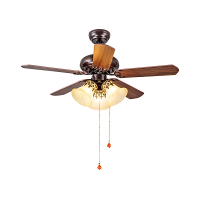 Traditional Bell Ceiling Fan 3 Heads Opal Handblown Glass Semi Flush Chandelier in Red Brown, Pull Chain/Remote Control