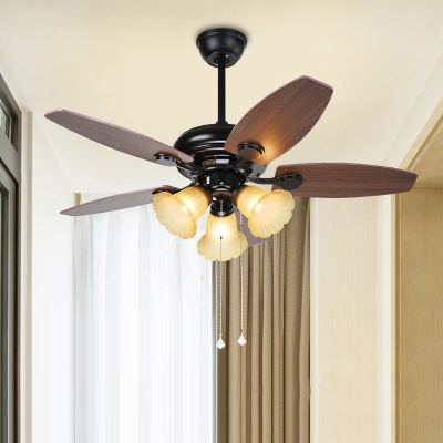Traditionalism Blossom Ceiling Fan Lamp 3 Heads Frosted White Glass Semi Flush Mount Light Fixture in Brown