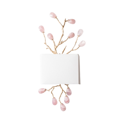White 2 Lights Wall Lighting Idea Traditional Fabric Rectangle Sconce Light with Pink/Clear Crystal Droplet