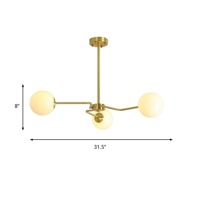 White Glass Global Semi Flush Light Contemporary 3 Heads Gold Ceiling Mounted Fixture