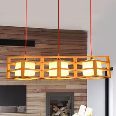 Wood Frame Island Lighting Fixture Contemporary 3 Heads Beige Pendant Light Kit