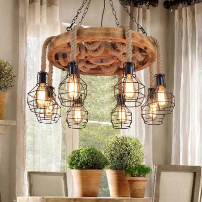 Wood Globe Chandelier Lighting Fixture Farmhouse Metal 6/8 Lights Kitchen Hanging Light