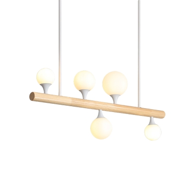 Wood Pipe Island Lighting Asian 5/7 Heads Hanging Pendant Light in Beige with Bubble White Glass Shade