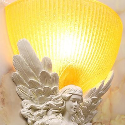 Yellow Glass Bowl Flush Wall Sconce Lodge Style 1 Light Bedroom Wall Light with Gold/Silver/White Angel Backplate