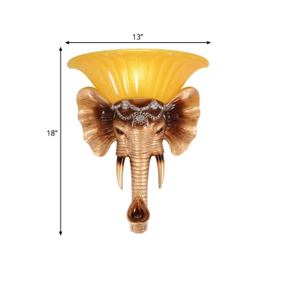 Yellow Glass Bowl Wall Mount Lighting Country Style 1 Bulb Hallway Wall Light Fixture with Golden Elephant Design