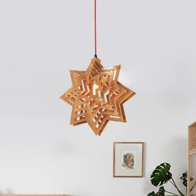 1 Bulb Bedroom Hanging Light Chinese Beige Ceiling Suspension Lamp with Star Wood Shade