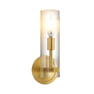 1 Head Bedroom Wall Lamp Modern Brass Sconce Light Fixture with Cylinder Clear Glass Shade