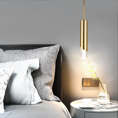 1 Light Bedside Suspension Pendant Light Modern Gold Hanging Lamp with Tube Metal Shade