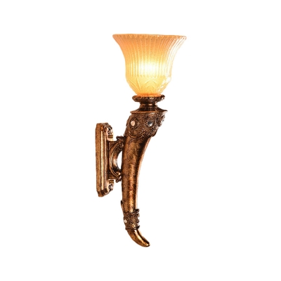 1 Light Wall Mount Lamp Vintage Style Bell Shade Amber Ribbed Glass Sconce Light with Gold Ivory Deco