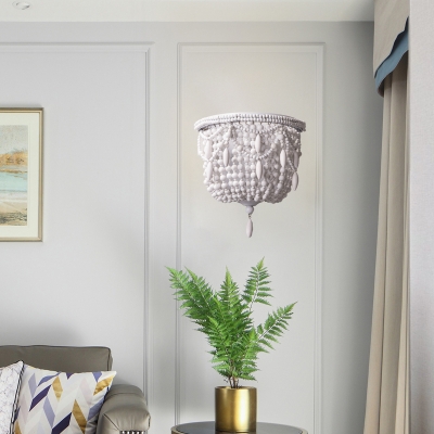 1 Light Wood Sconce Light Fixture Countryside White Beaded Living Room Wall Lighting Idea