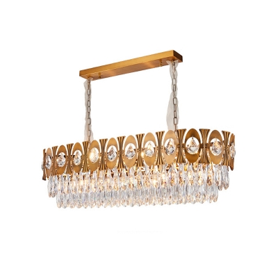 10 Heads Oval Island Lighting Traditional Gold Tri-Sided Crystal Rod Hanging Light Fixture
