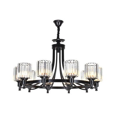 10 Lights Living Room Chandelier Pendant Modern Style Black/Brass Ceiling Lamp with Cylinder Crystal Shade
