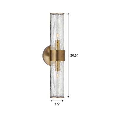 2 Heads Bedroom Sconce Modern Brass Wall Light Fixture with Cylinder Crackle Glass Shade