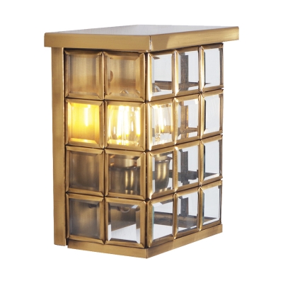 2-Light Grid Flush Wall Sconce Colonial Clear Glass Outdoor Wall Mount Light in Gold