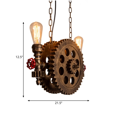 2-Light Pipe Ceiling Pendant Light Vintage Steel Gear Hanging Light Fixtures with Chain for Indoor