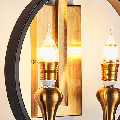2 Lights Wall Sconce Lamp Vintage Style Ring Shape Metal Wall Light with Open Bulb in Black for Corridor