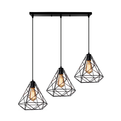 3 Lights Caged Chandelier Industrial Black Metal Ceiling Hanging Light Fixture for Dining Room with Round/Linear Canopy