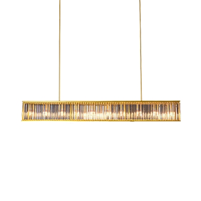 4 Lights Rectangle Island Pendant Light Postmodern Gold Tri-Sided Crystal Rod Hanging Light Kit