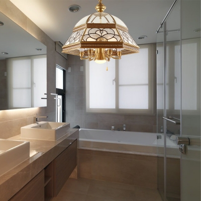 6/7 Bulbs Sandblasted Glass Chandelier Colonial Gold Living Room Pendant Lighting Fixture, 19.5
