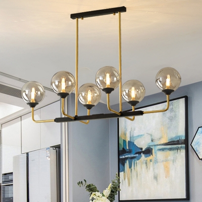 6/8 Lights Dining Room Island Lamp Contemporary Black Pendant Light with Globe Amber Glass Shade