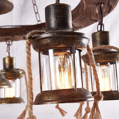 9 Light LED Hanging Lantern Country Metal and Wood Pendant Chandelier with Rope for Restaurant