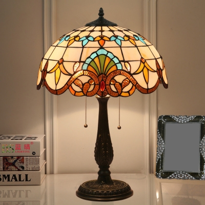 Antique Brass 1 Head Table Lamp Victorian Stained Glass Dome Task Light with Pull Chain Switch