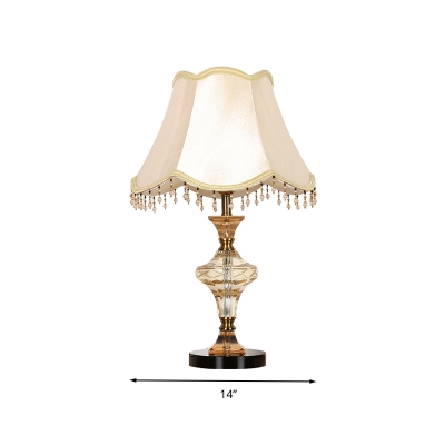 Beige Bell Nightstand Light Traditionalism Fabric 1 Light Living Room Table Lamp with Crystal Draping