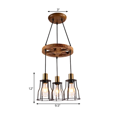 Bell Chandelier Light Fixture Lodge Metal and Wood 6 Light Wagon Wheel Pendant Chandelier in Black and Brass for Bar