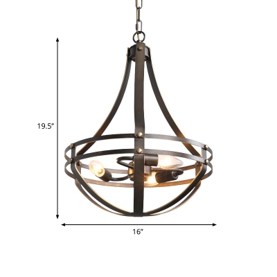 Bowl Cage Chandelier Lamp Industrial Style Metallic 3 Lights Black Suspension Lighting Fixture for Balcony