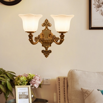 Brass 1/2-Bulb Wall Mount Lighting Traditional Style Frosted Glass Flared Shade Wall Sconce for Corridor
