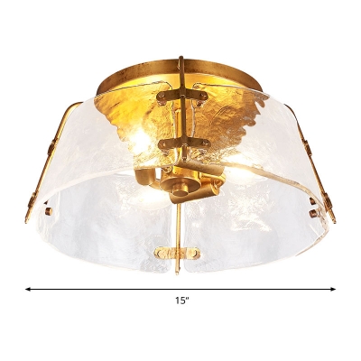 Brass 3 Heads Flush Mount Lamp Traditional Water Glass Drum Ceiling Fixture for Living Room