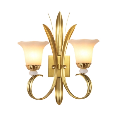 Brass Curved Sconce Lamp Traditional Stylish Metal 1/2-Head Living Room Wall Lighting with Opal Glass Flared Shade