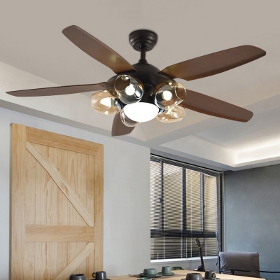 Brown Dome Ceiling Fan Lamp Traditional Amber Glass 5 Lights Restaurant Semi Mount Lighting, Wall/Remote Control
