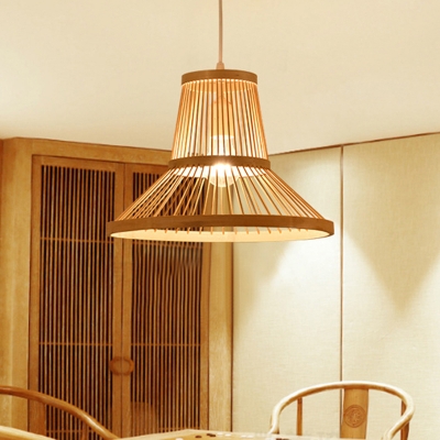Cone Living Room Ceiling Pendant Light Bamboo 1 Light Asia Style Hanging Lamp in Wood