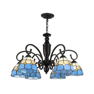Conical/Dome Chandelier Light Fixture Tiffany White/Sky Blue/Dark Blue Glass 6 Lights Black Down Lighting for Living Room