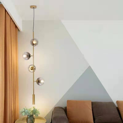 Contemporary 4 Heads Ceiling Chandelier Gold Ball Hanging Pendant Light with Smoke Glass Shade