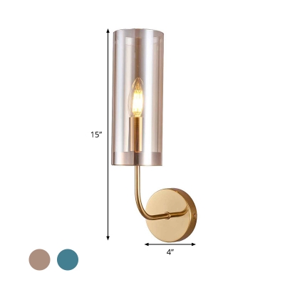 Contemporary Cylindrical Wall Lamp Cognac/Light Blue Glass 1 Bulb Living Room Sconce Light Fixture