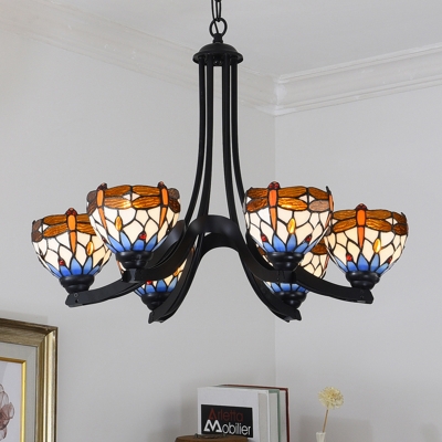 Dragonfly Chandelier Lighting 6 Heads Stained Art Glass Tiffany-Style Hanging Pendant Light in Black