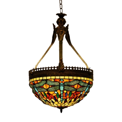 Dragonfly Chandelier Lighting Fixture 3 Lights Stained Glass Mediterranean Ceiling Lamp in Orange
