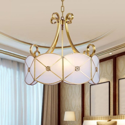 Drum White Glass Pendant Chandelier Colonialism 4 Bulbs Bedroom Hanging Light Fixture