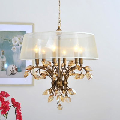 Fabric Sheer Shade Chandelier Lamp Vintage 6 Heads Living Room Hanging Light Kit in Brass