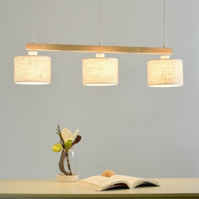 Fabric Square/Drum Island Light Fixture Contemporary Style 3 Lights Pendant Lamp in Flaxen