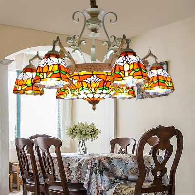 Floral Stained Glass Chandelier Pendant Light Tiffany Style 9/11 Lights Distressed White Hanging Lamp Kit