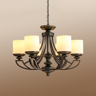 Frosted Glass Black Pendant Chandelier Cylinder 3/6 Lights Traditional Ceiling Hang Fixture for Living Room