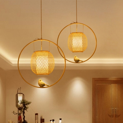 Globe Ceiling Pendant Lamp Modern Bamboo 1 Light Dining Room Hanging Light in Beige with Bird Deco