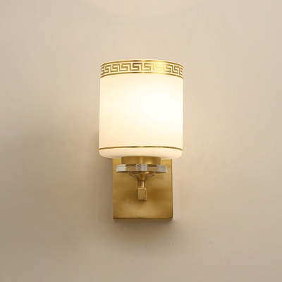 Gold and White Single Wall Light Sconce Traditional Frosted Glass Cylinder Wall Lamp with Swastika Element