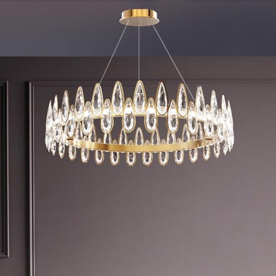 Gold LED Chandelier Lighting Simple Style Teardrop Crystal Circular Suspension Lighting Fixture