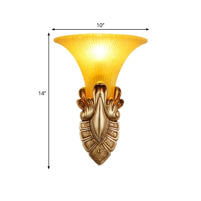 Gold/White Carved Wall Mount Lamp Colonial Style Resin 1 Light Wall Sconce with Bell Yellow Glass Shade